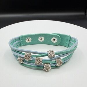 Mint Blue Faux Suede Wrap Bracelet Crystal Beads Boho Layering Statement Gift